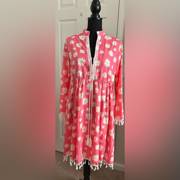Pink and White Mini Dress with Playful Tassel Accents - Picture 1 of 6